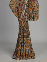 Mehendi yellow crepe silk saree with floral prints and shimmering sequins
