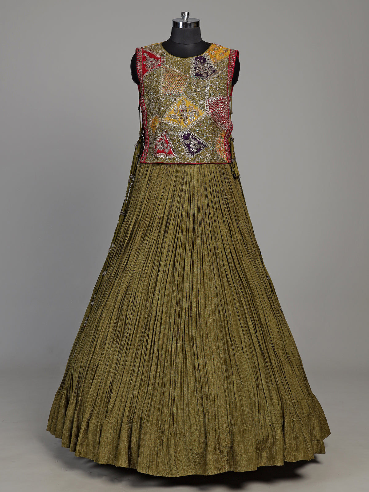 Mehendi green silk lehenga choli set with intricate festive embellishments