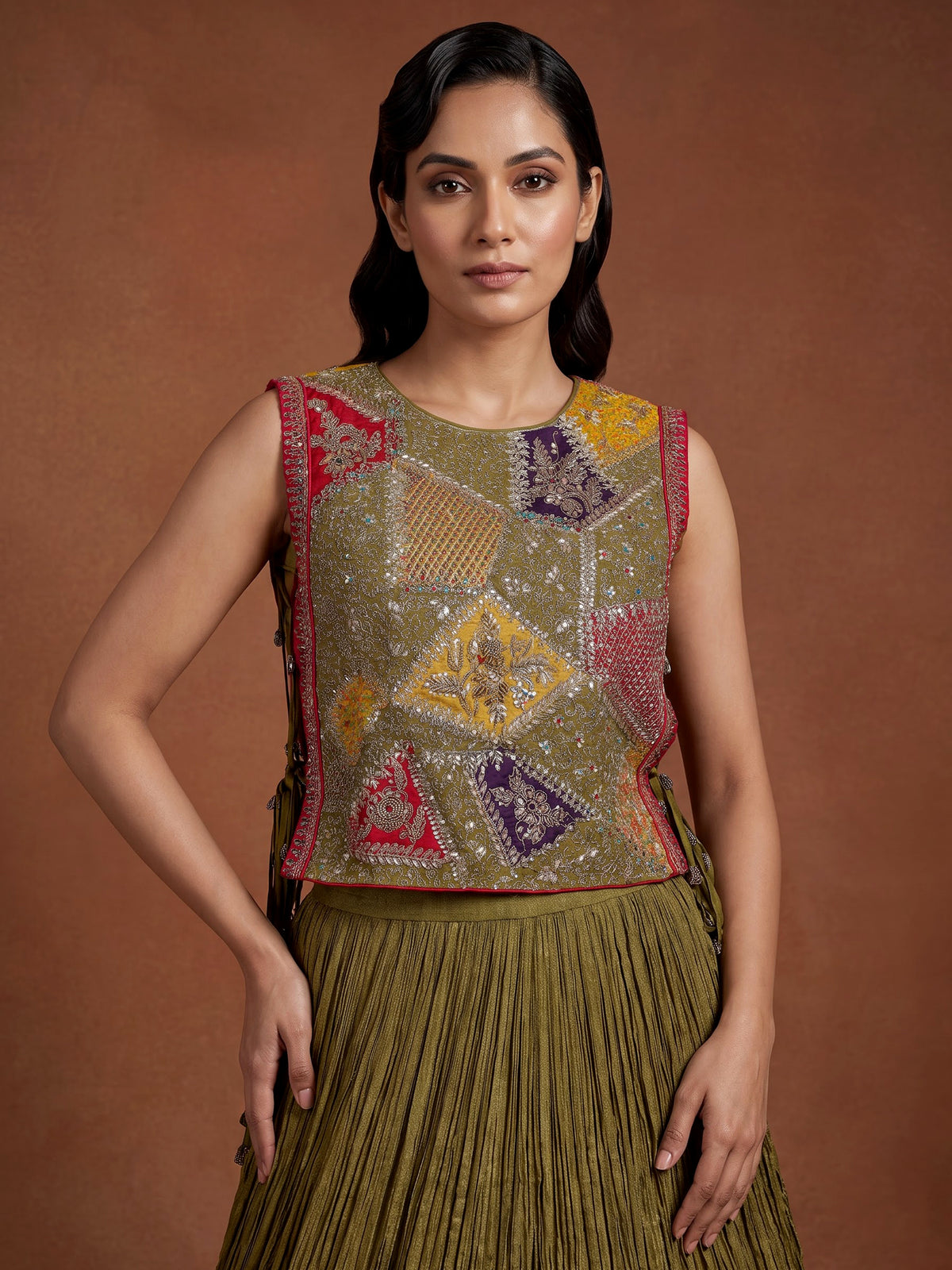 Mehendi green silk lehenga choli set with intricate festive embellishments