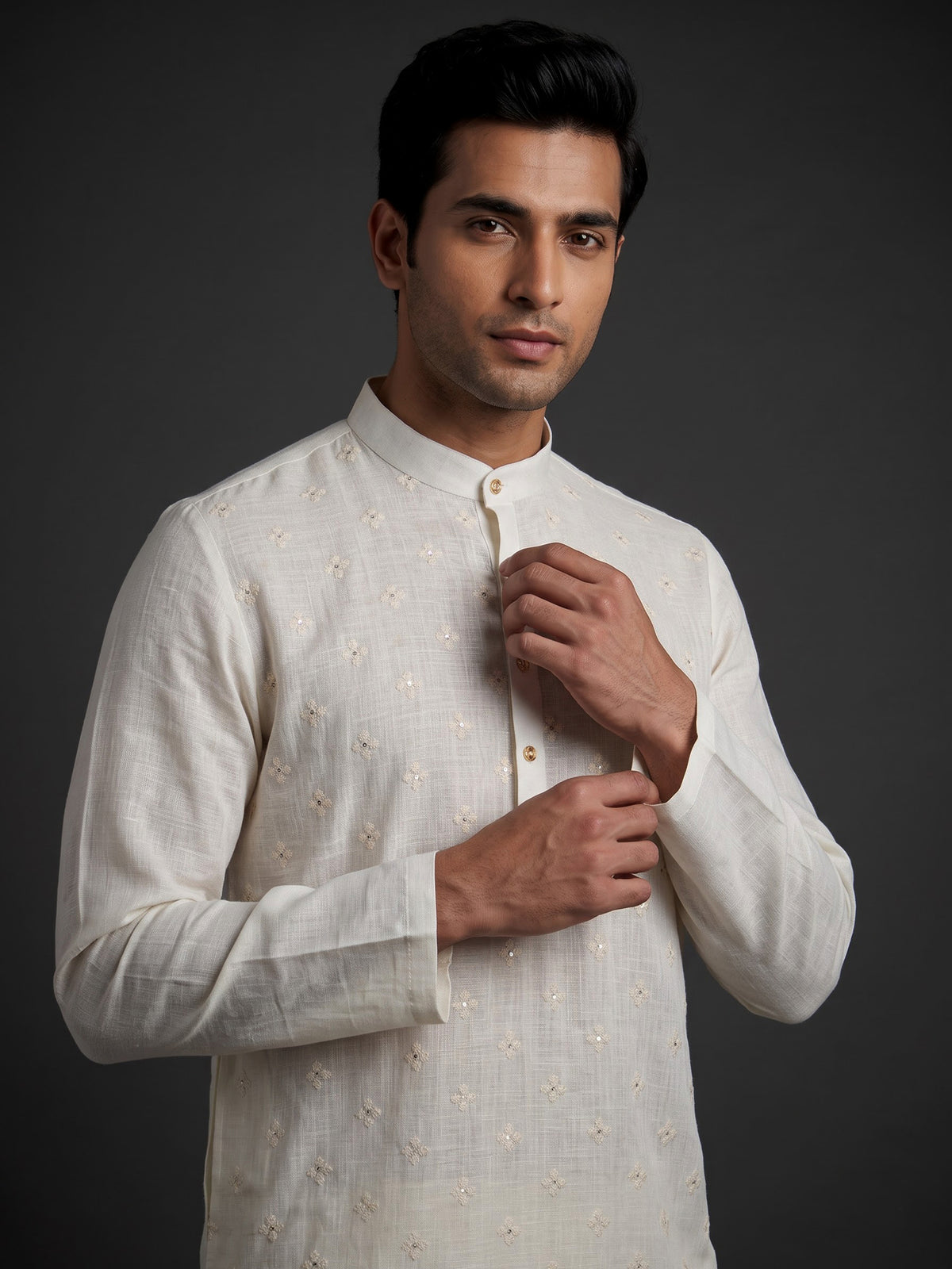 Cream cotton linen kurta suit with floral Chikankari embroidery for mens