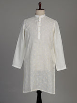 Cream cotton linen kurta suit with floral Chikankari embroidery for mens