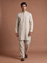 Light beige Chanderi silk kurta suit with tonal embroidery for mens