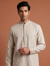 Light beige Chanderi silk kurta suit with tonal embroidery for mens