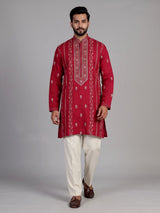 Maroon silk kurta suit with intricate floral embroidery for mens