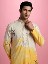 Yellow and off-white silk kurta suit with botanical prints for mens
