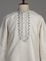 Cream cotton linen kurta suit with pastel embroidered yoke for mens