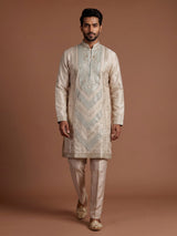 Beige silk kurta suit with chevron embroidery detailing for mens