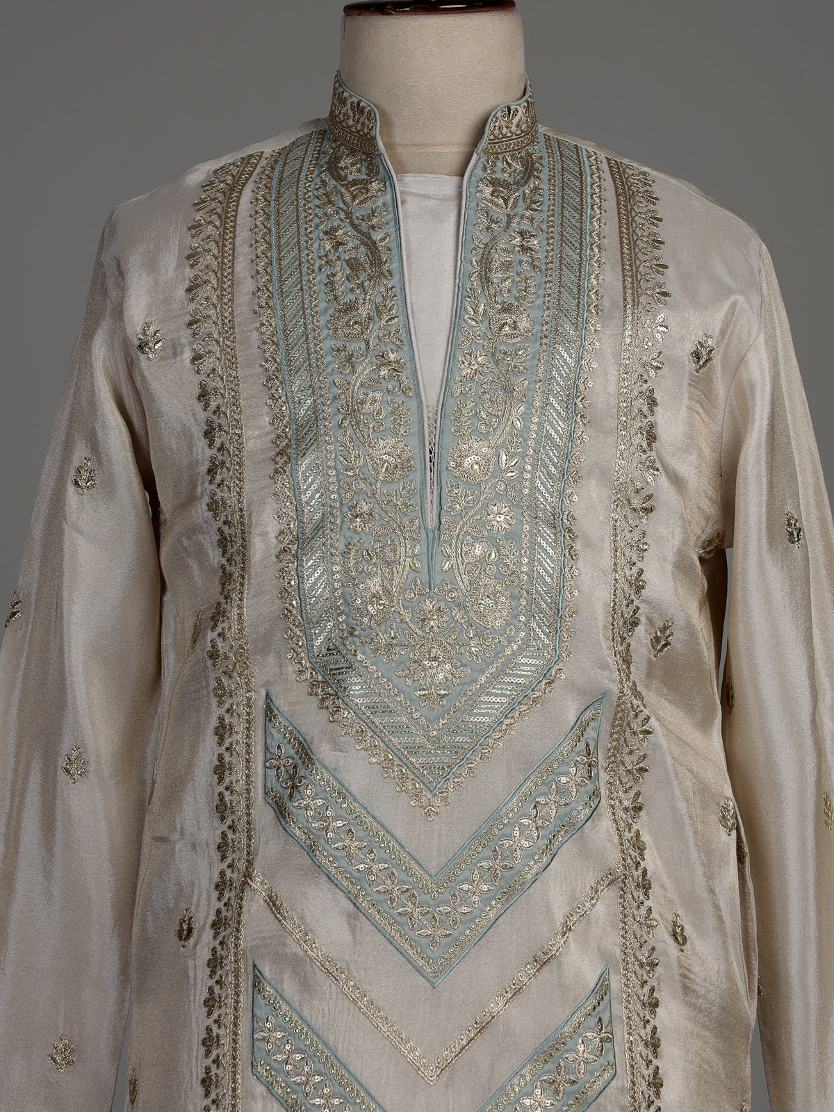 Beige silk kurta suit with chevron embroidery detailing for mens