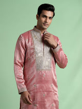 Pastel pink Dupion silk kurta suit with heavy zardozi embellishments for mens