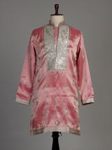 Pastel pink Dupion silk kurta suit with heavy zardozi embellishments for mens