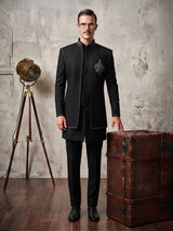 Black regal embellished men indo western