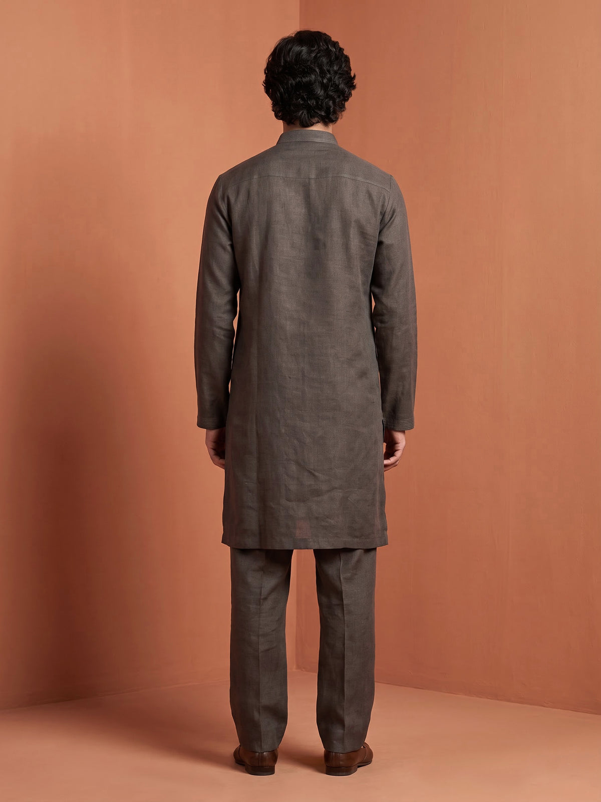 Charcoal grey cotton silk kurta suit with silver gunmetal embroidery for mens