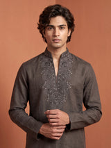 Charcoal grey cotton silk kurta suit with silver gunmetal embroidery for mens