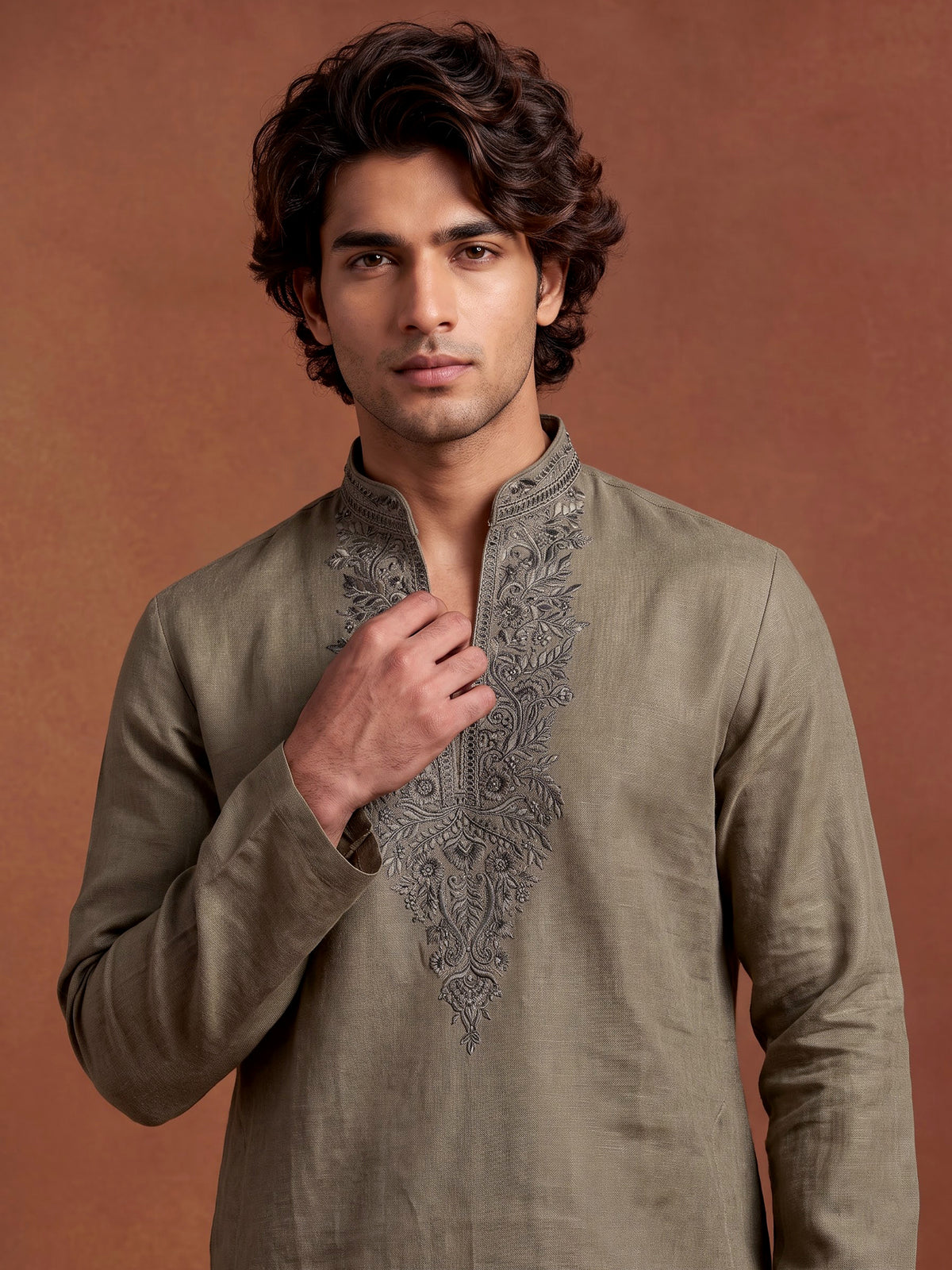 Olive cotton silk kurta suit with silver gunmetal embroidery for mens