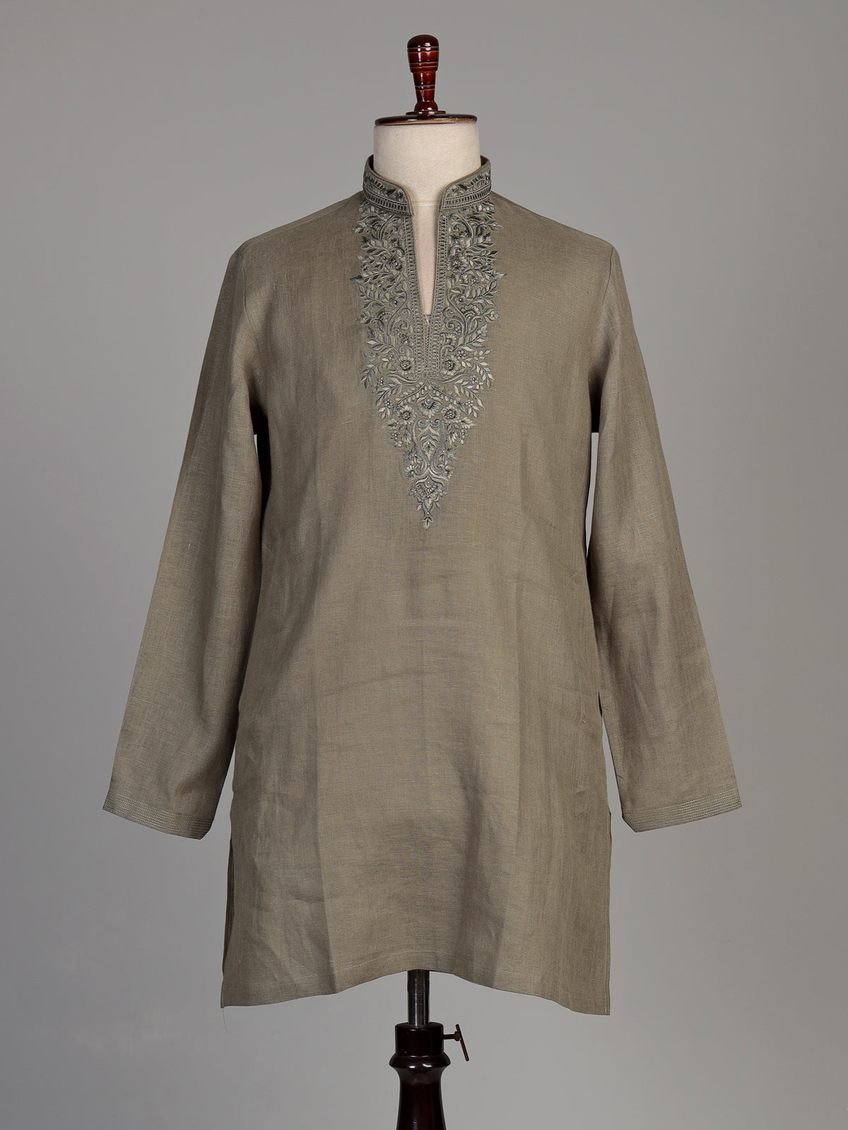 Olive cotton silk kurta suit with silver gunmetal embroidery for mens
