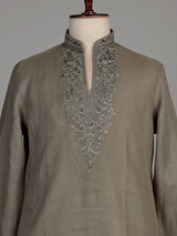 Olive cotton silk kurta suit with silver gunmetal embroidery for mens