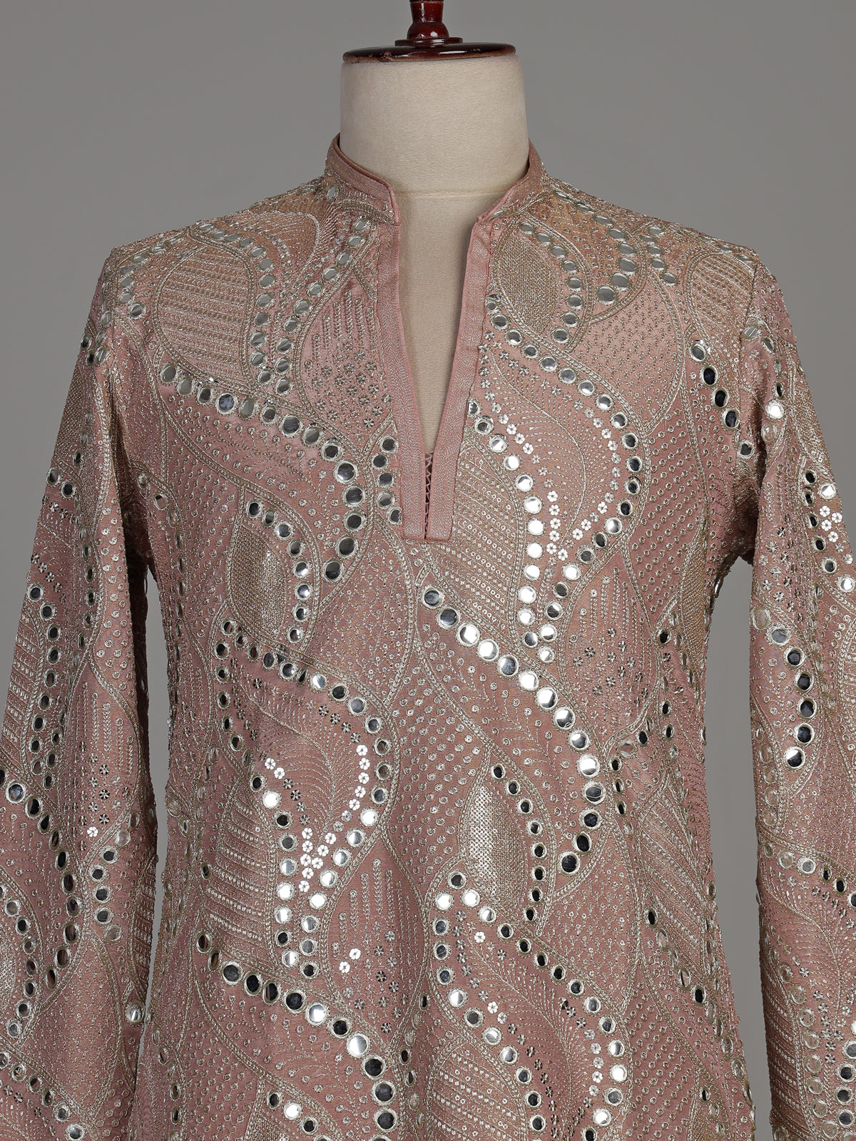 Pastel pink silk kurta suit with traditional mirror-work embroidery for mens