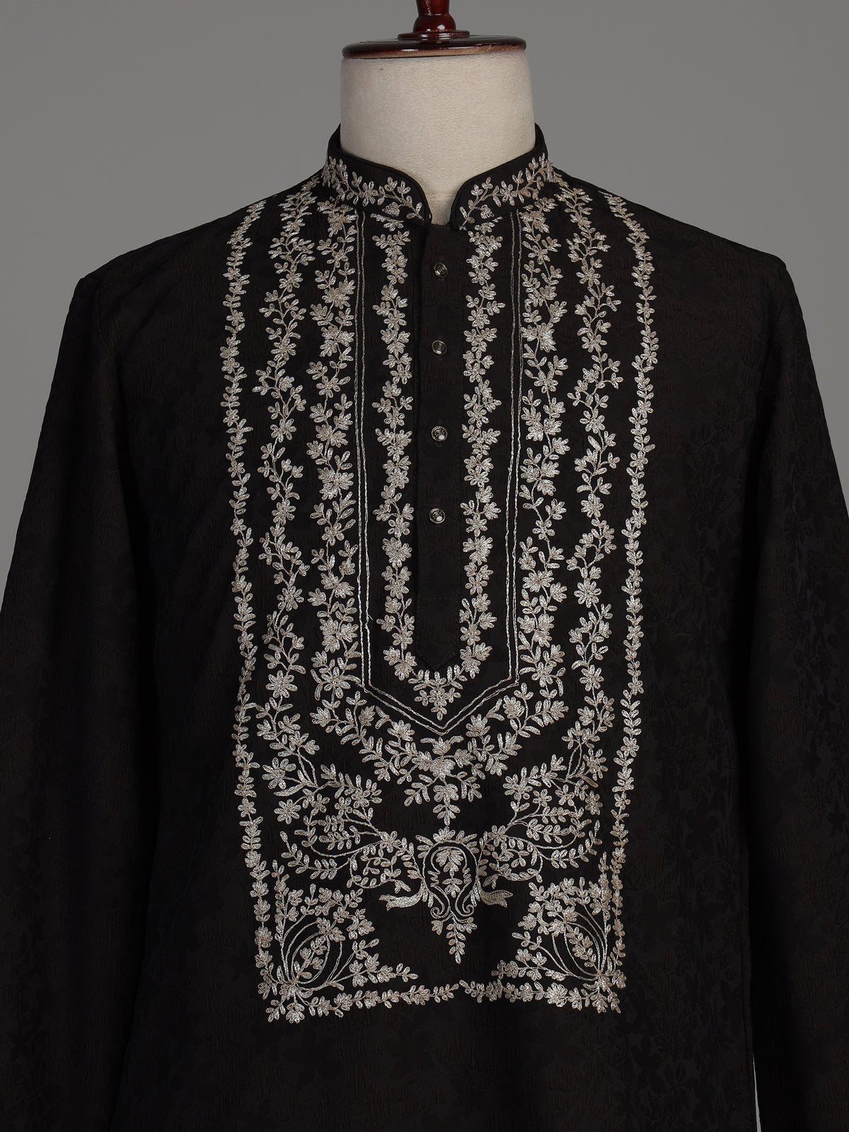 Dark brown dupion silk blend kurta suit with floral zardosi embroidery for mens