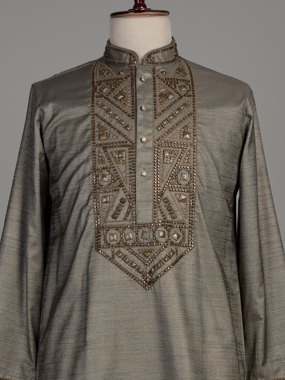 Pastel grey tusser silk kurta suit with antique gold geometric embroidery for mens