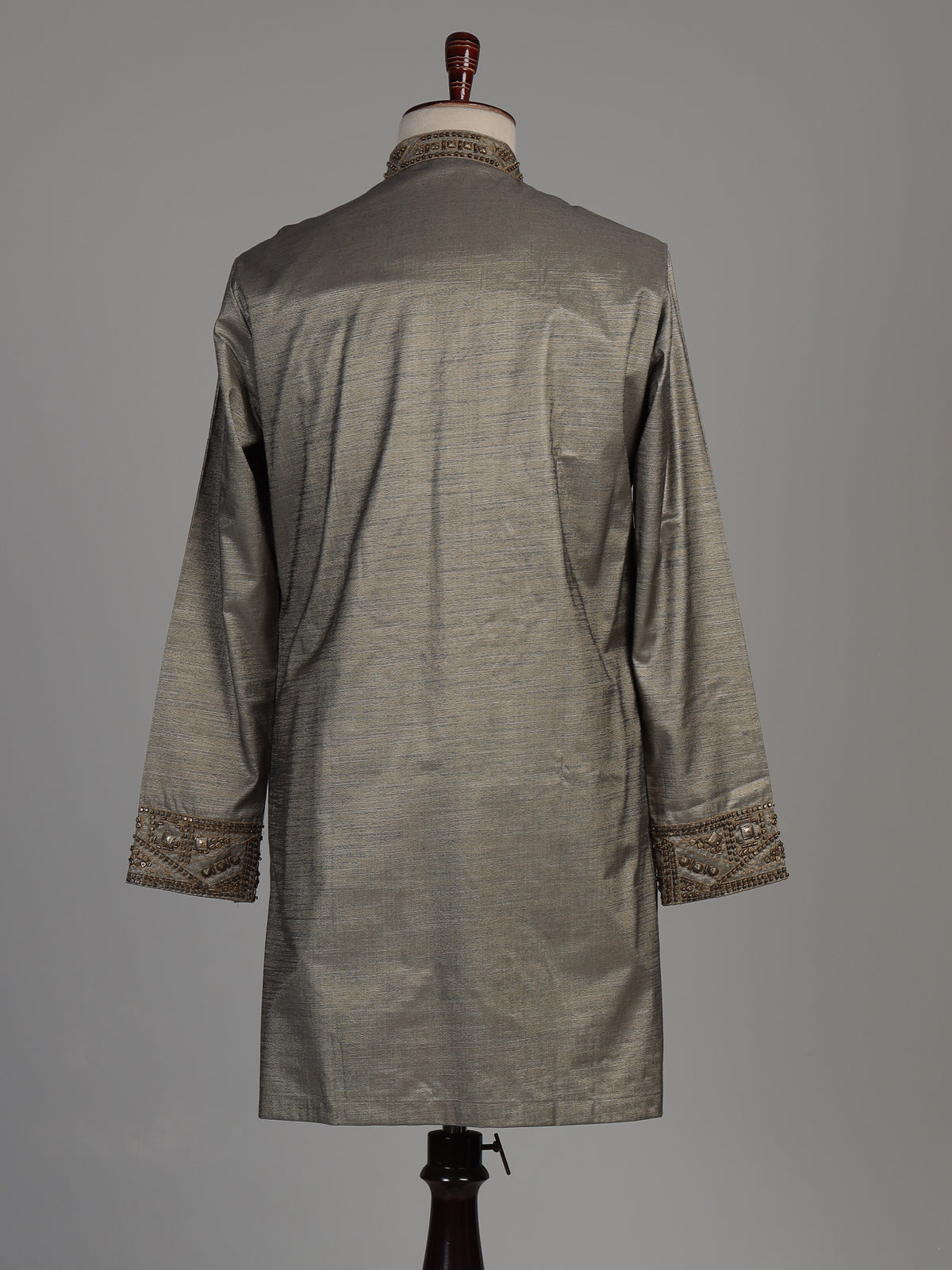 Pastel grey tusser silk kurta suit with antique gold geometric embroidery for mens