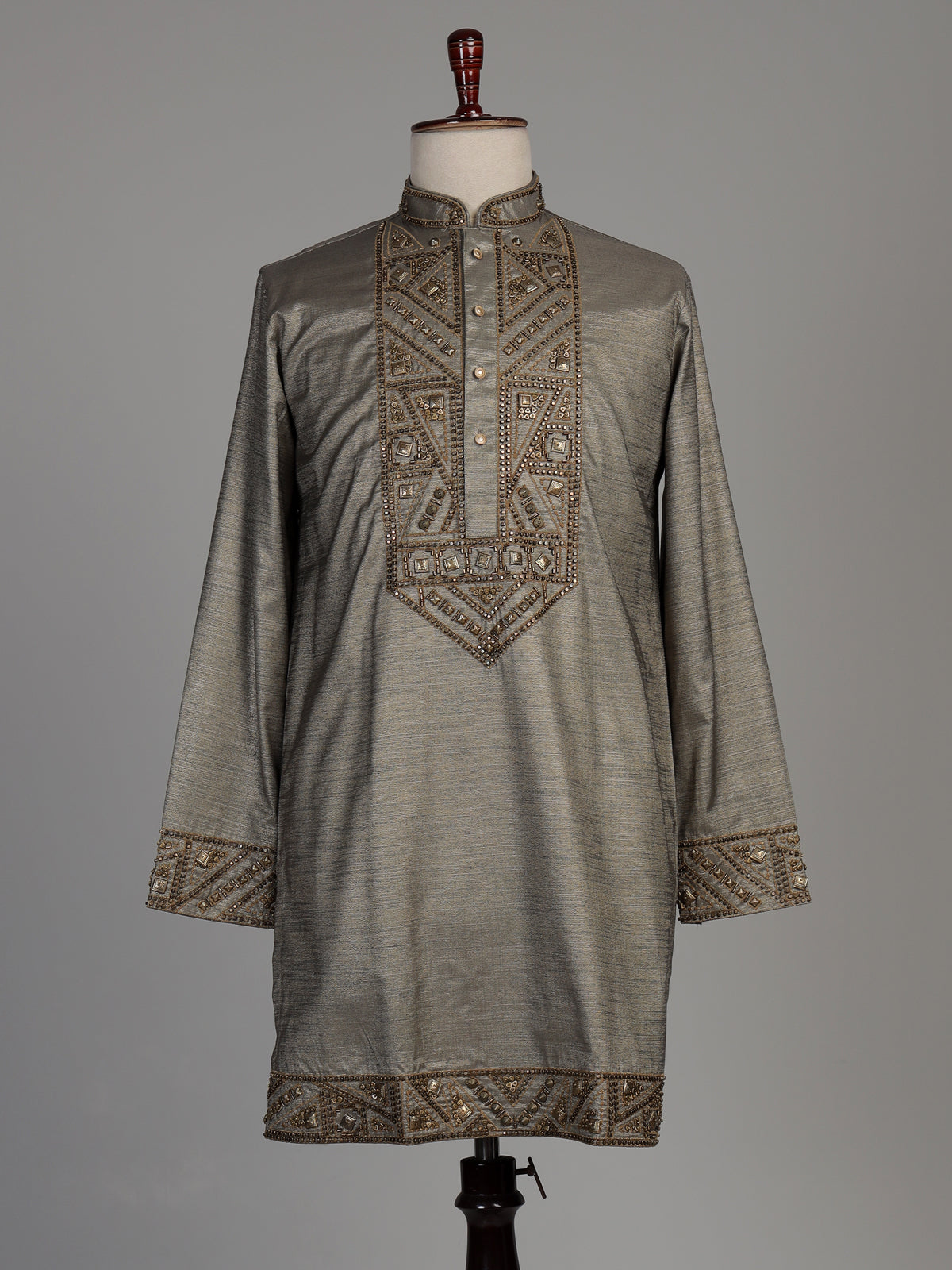 Pastel grey tusser silk kurta suit with antique gold geometric embroidery for mens