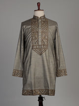 Pastel grey tusser silk kurta suit with antique gold geometric embroidery for mens