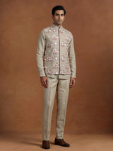 Beige linen silk waistcoat suit with multicoloured floral thread for mens