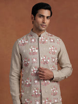 Beige linen silk waistcoat suit with multicoloured floral thread for mens