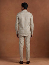 Beige linen silk waistcoat suit with multicoloured floral thread for mens