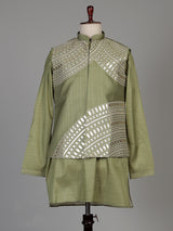 Mehendi green tussar silk waistcoat suit with asymmetric silver embroidery for mens