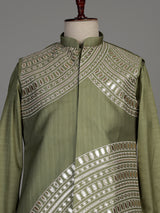 Mehendi green tussar silk waistcoat suit with asymmetric silver embroidery for mens