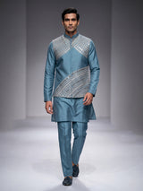 Slate blue tussar silk waistcoat suit with silver aabla embroidery for mens