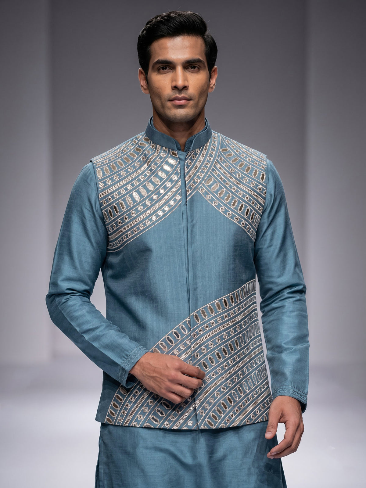 Slate blue tussar silk waistcoat suit with silver aabla embroidery for mens
