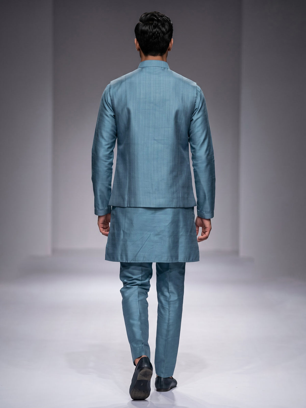 Slate blue tussar silk waistcoat suit with silver aabla embroidery for mens