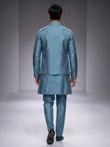 Slate blue tussar silk waistcoat suit with silver aabla embroidery for mens