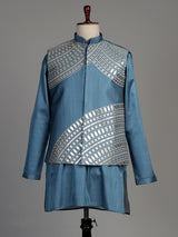 Slate blue tussar silk waistcoat suit with silver aabla embroidery for mens