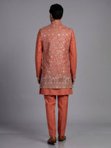Coral peach matka silk waistcoat suit with silver architectural embroidery for mens