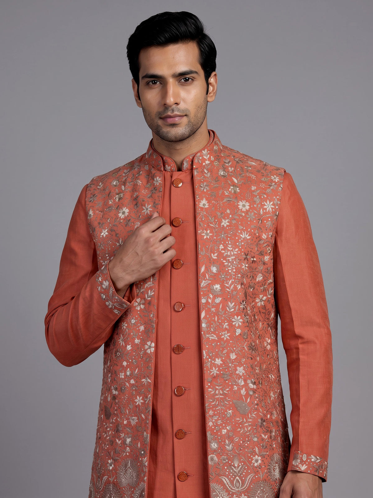 Coral peach matka silk waistcoat suit with silver architectural embroidery for mens