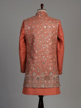 Coral peach matka silk waistcoat suit with silver architectural embroidery for mens