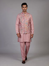 Blush pink textured dupion silk waistcoat suit with intricate embroidery for mens
