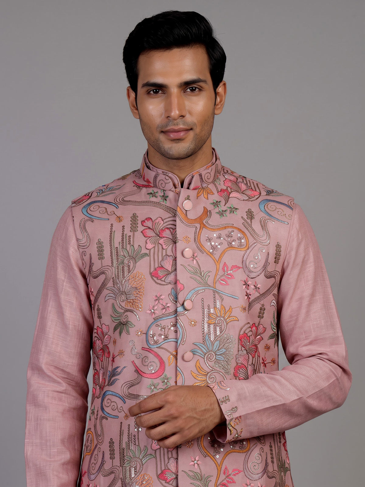 Blush pink textured dupion silk waistcoat suit with intricate embroidery for mens