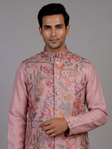 Blush pink textured dupion silk waistcoat suit with intricate embroidery for mens