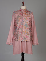 Blush pink textured dupion silk waistcoat suit with intricate embroidery for mens