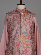 Blush pink textured dupion silk waistcoat suit with intricate embroidery for mens