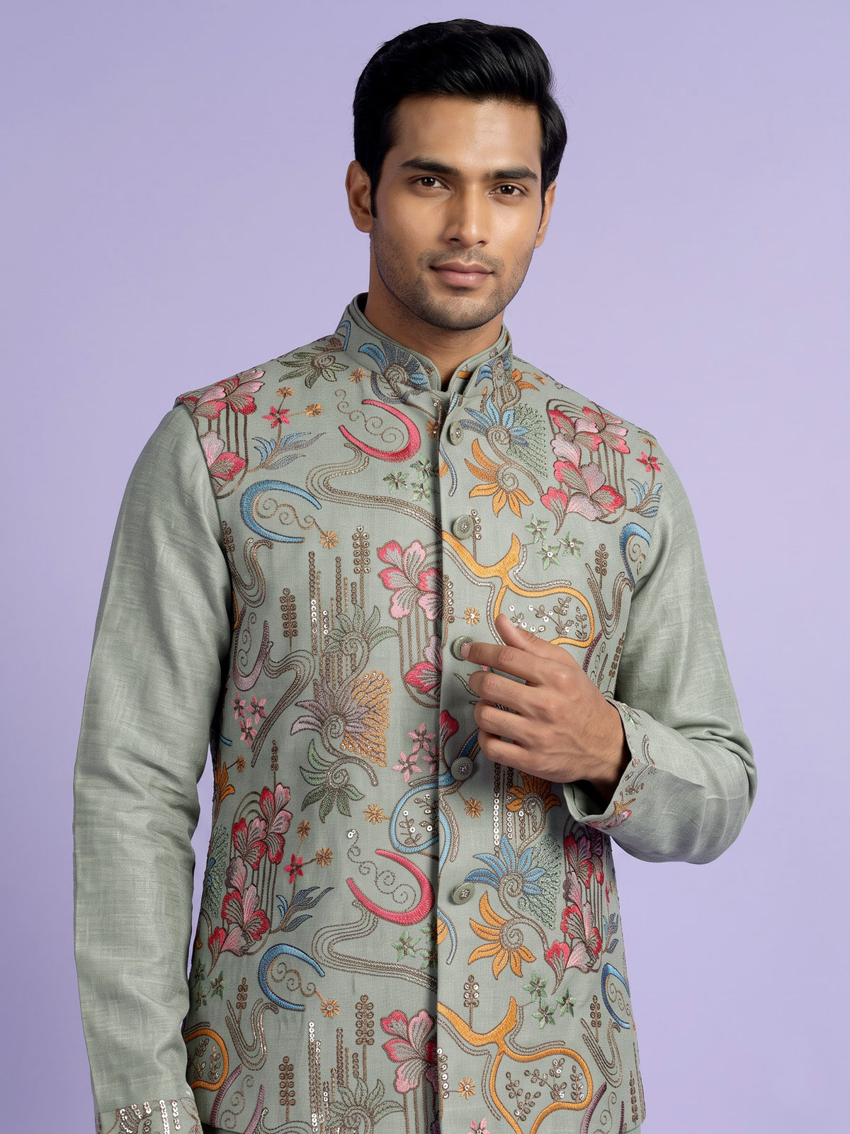 Pistachio green textured dupion silk waistcoat suit with embroidery for mens