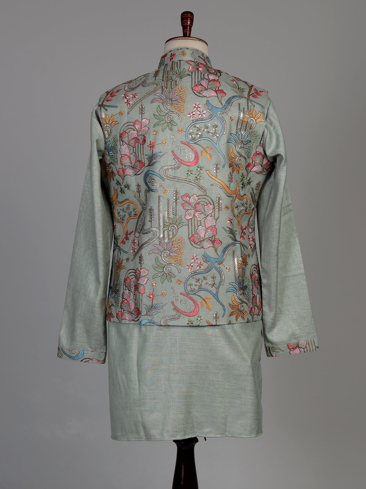Pistachio green textured dupion silk waistcoat suit with embroidery for mens