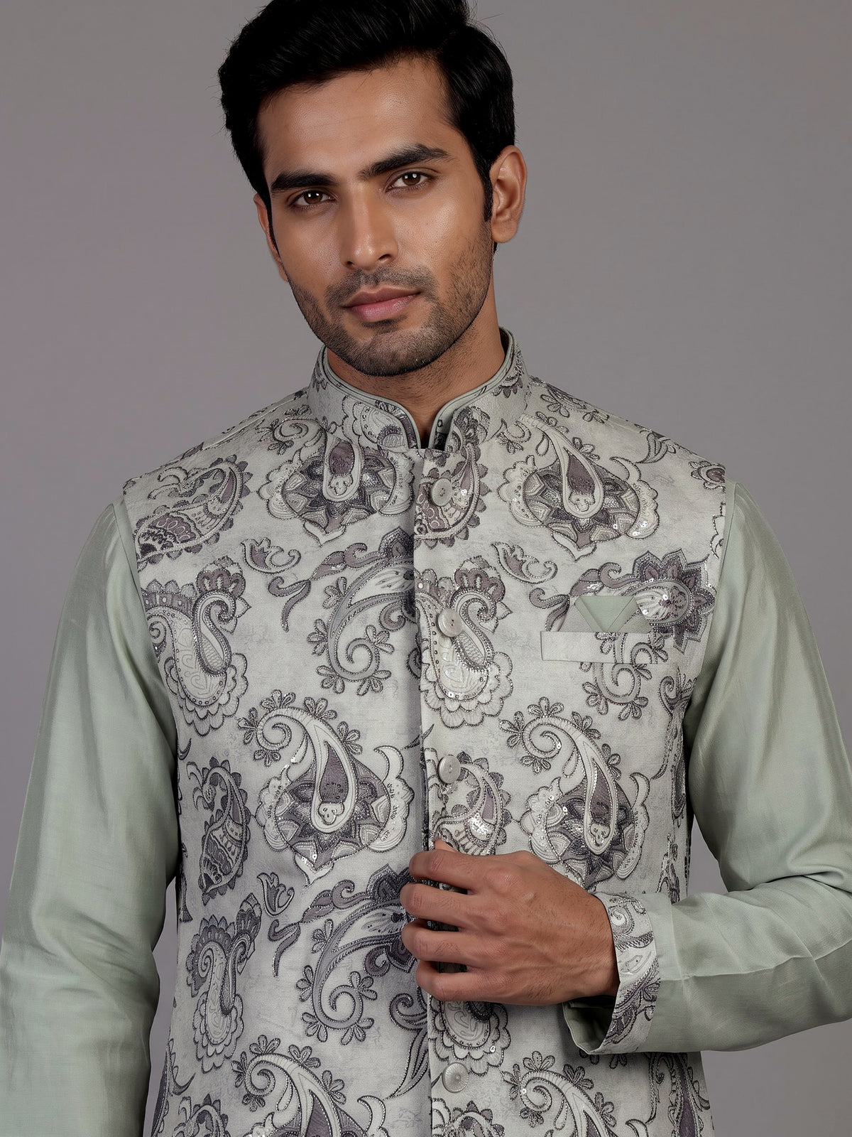 Pista green jacquard silk waistcoat suit with paisley sequins for mens