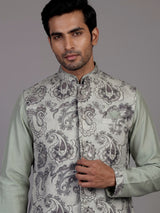 Pista green jacquard silk waistcoat suit with paisley sequins for mens