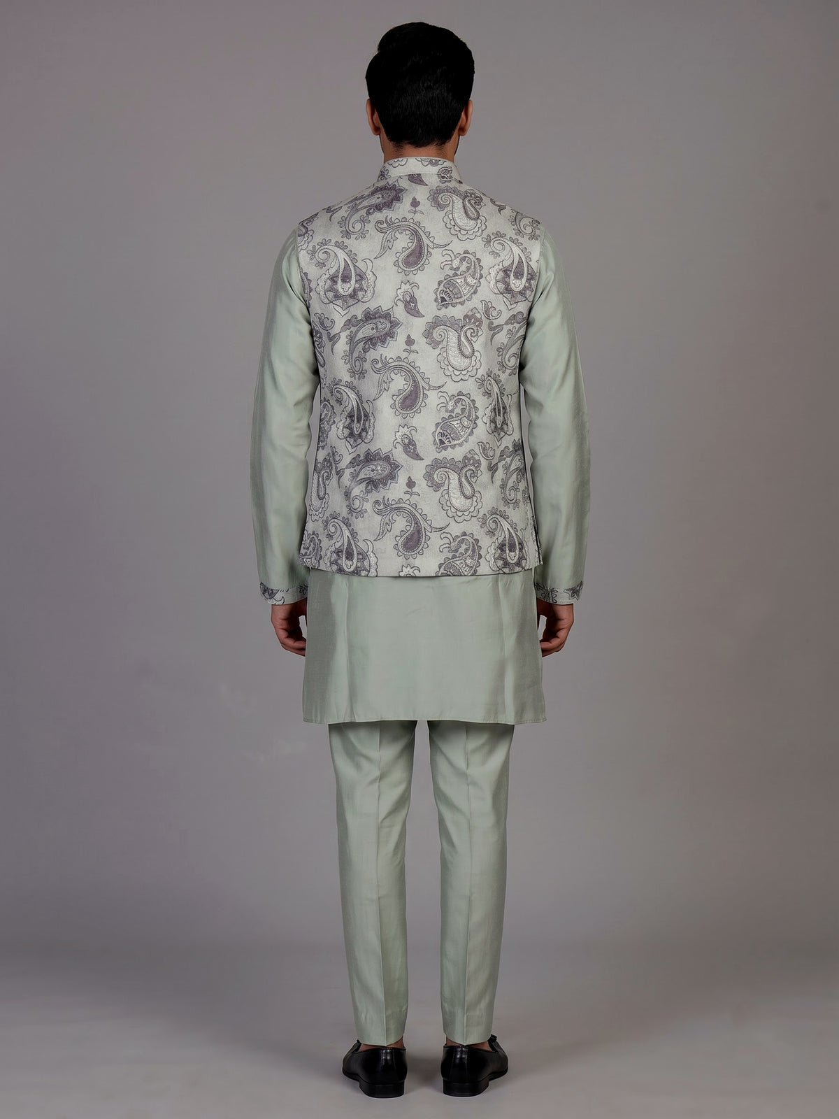 Pista green jacquard silk waistcoat suit with paisley sequins for mens