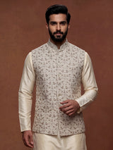 Off-white cotton silk waistcoat with elegant embroidered detailing for mens